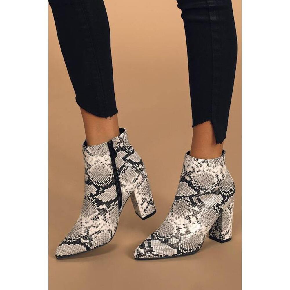 Lulus Ottava Black And White Snake High Heel Booties - Size 8